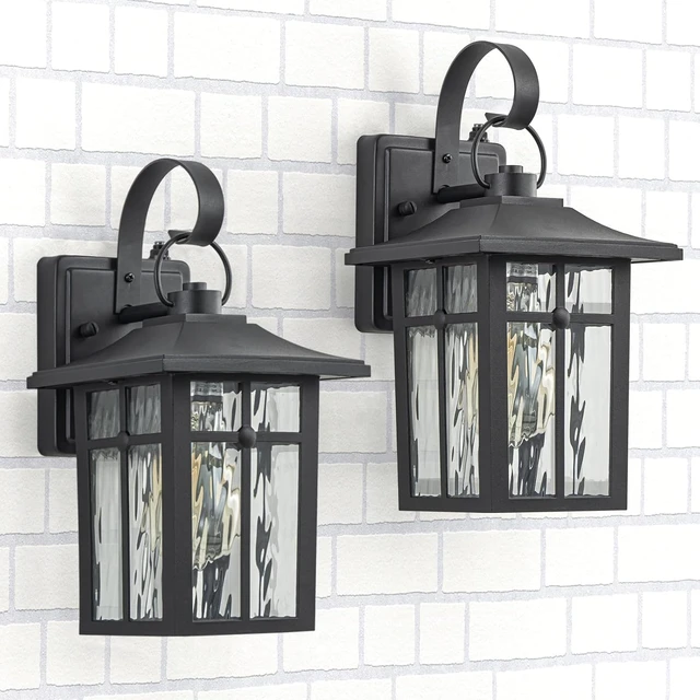 Alt view image 7 of 7 - 2 Pack Dusk to Dawn Outdoor Wall Lights, Aluminum Exterior Light Fixtures Wall Mount with Ripple Glass, Waterproof Black Porch Lights, Outside Wall Lantern for Entryway, Garage, Patio