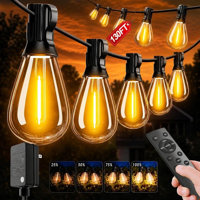 Main image of Likesky 130FT LED Outdoor String Lights with Remote Waterproof Patio Lights with Shatterproof S11 Bulbs, Dimmable Outside Hanging Light Connectable for Porch Backyard Yard Garden Decor 2700K