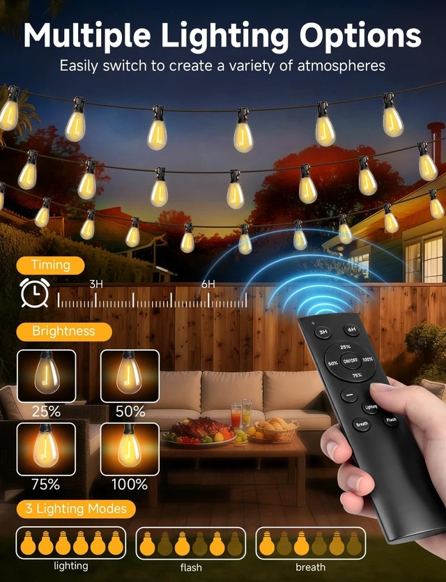Alt view image 2 of 7 - Likesky 130FT LED Outdoor String Lights with Remote Waterproof Patio Lights with Shatterproof S11 Bulbs, Dimmable Outside Hanging Light Connectable for Porch Backyard Yard Garden Decor 2700K