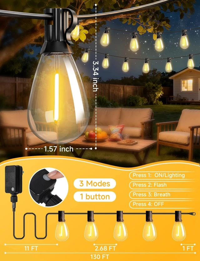 Alt view image 6 of 7 - Likesky 130FT LED Outdoor String Lights with Remote Waterproof Patio Lights with Shatterproof S11 Bulbs, Dimmable Outside Hanging Light Connectable for Porch Backyard Yard Garden Decor 2700K