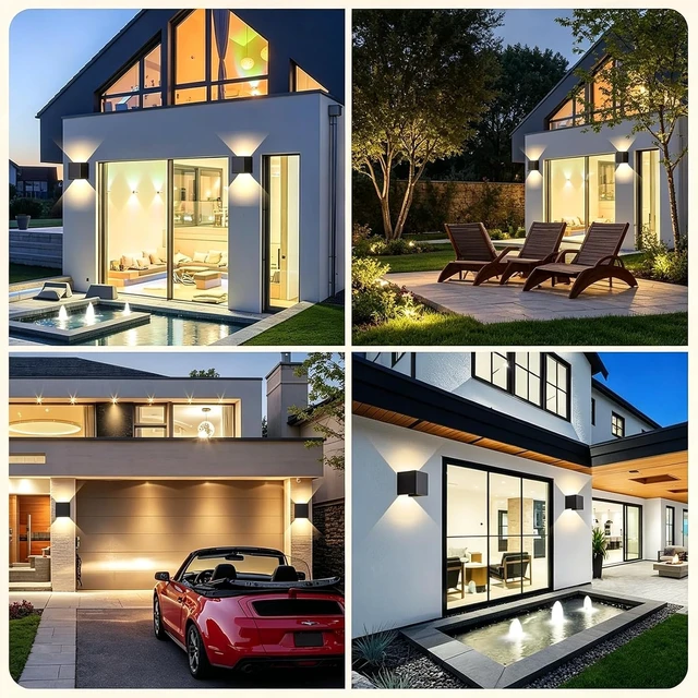 Alt view image 2 of 7 - Mille Lucciole 12W 4Pack Outdoor Wall Lights Exterior/Interior,LED Black Outdoor Wall Sconces Light Fixtures Modern,IP65 Waterproof Square Aluminum Wall Lamps, Up and Down Lights 3000K Warm Lights