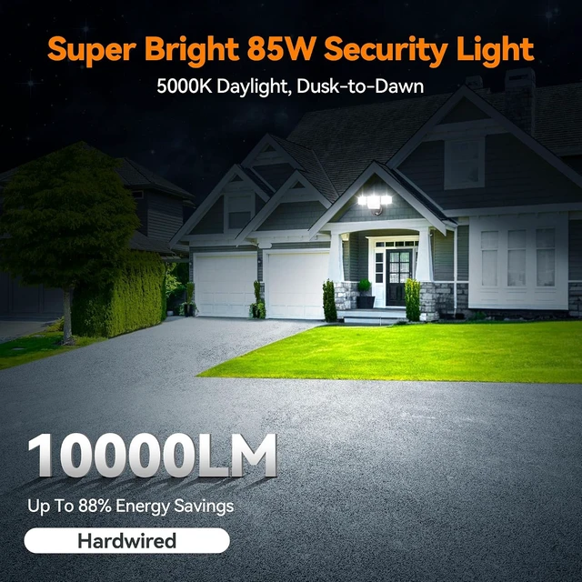 Alt view image 2 of 7 - 85W 10000LM Dusk to Dawn Outdoor Lighting, 4-Head Super Bright LED Flood Light, 5000K Daylight, IP65 Waterproof Hardwired Exterior Security Light for House Garage, Yard, Backyard (Black)