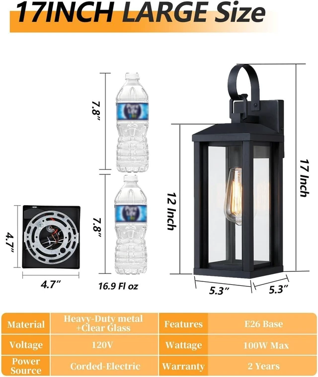 Alt view image 2 of 7 - 17" Large Outdoor Wall Lights for House 2-Pack, Matte Black