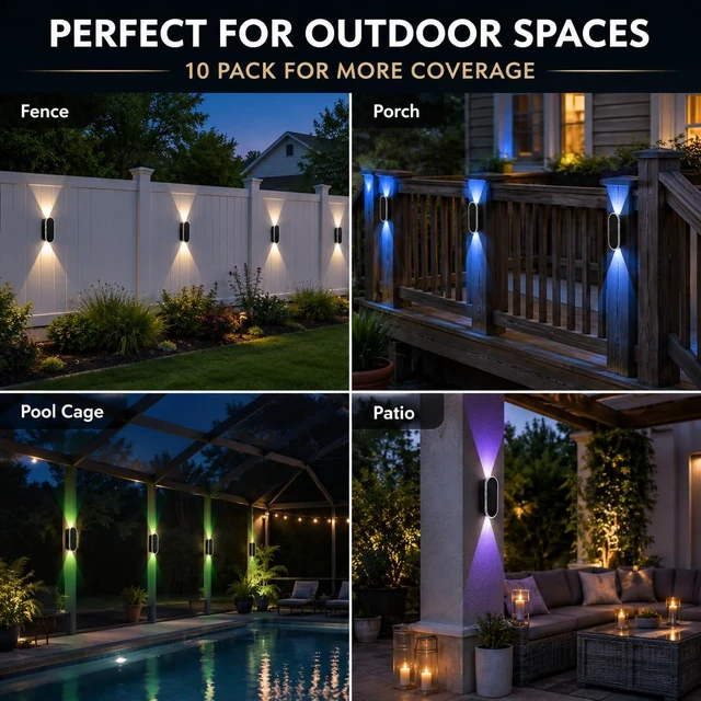 Alt view image 2 of 7 - Herzila 10 Pack Solar Fence Lights,RGBW Solar Powered Fence Wall Lights, Waterproof 7-Color Changing Up Down Lighting Wall Lights for Outdoor/Patio/Porch/Pool Cage