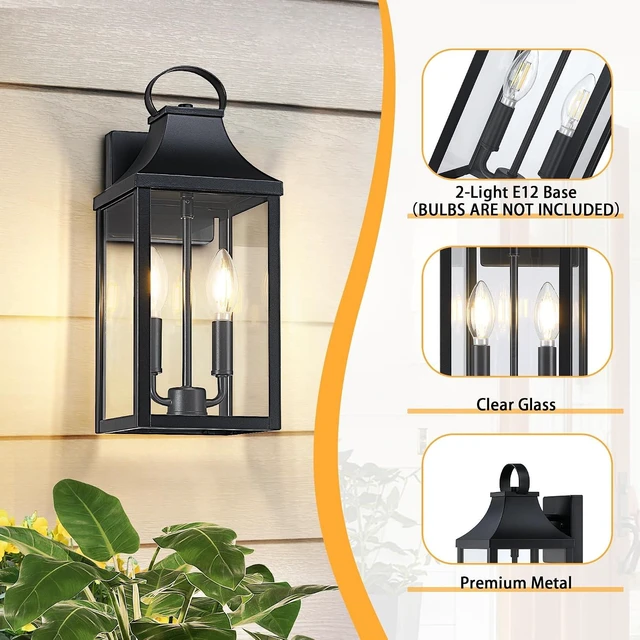 Alt view image 4 of 7 - 15" Black Outdoor Wall Lantern 2-Light, Outside Wall Sconce Light