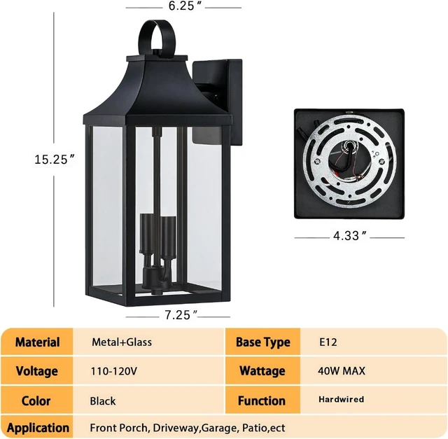 Alt view image 5 of 7 - 15" Black Outdoor Wall Lantern 2-Light, Outside Wall Sconce Light