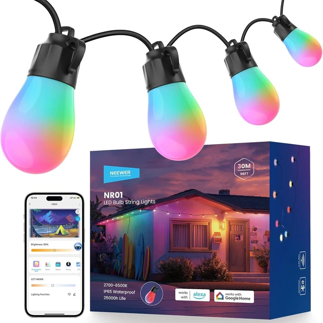 Main image of NEEWER NR01 96ft Outdoor String Lights, App Control Smart AI RGBW Lighting