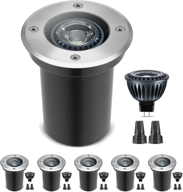 Main image of Gardencoin Low Voltage Landscape LED Well Lights, 12V in Ground Lights Outdoor IP67 Waterproof, 5" Tall Wired Landscape Up Lighting, Included Replaceable 5W 2700K MR16 Bulb Dimmable, 6 Pack