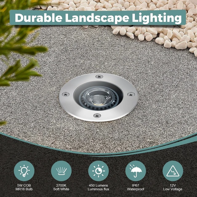 Alt view image 2 of 7 - Gardencoin Low Voltage Landscape LED Well Lights, 12V in Ground Lights Outdoor IP67 Waterproof, 5" Tall Wired Landscape Up Lighting, Included Replaceable 5W 2700K MR16 Bulb Dimmable, 6 Pack
