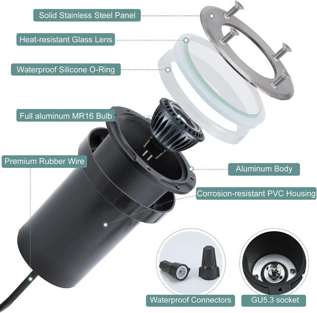 Alt view image 3 of 7 - Gardencoin Low Voltage Landscape LED Well Lights, 12V in Ground Lights Outdoor IP67 Waterproof, 5" Tall Wired Landscape Up Lighting, Included Replaceable 5W 2700K MR16 Bulb Dimmable, 6 Pack