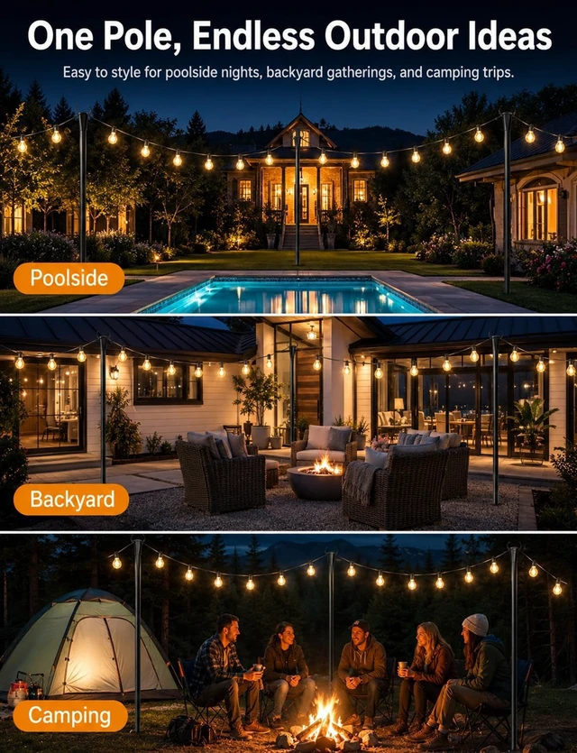 Alt view image 2 of 7 - 4 Pack String Light Poles for Outside, Adjustable Metal Patio Light Poles