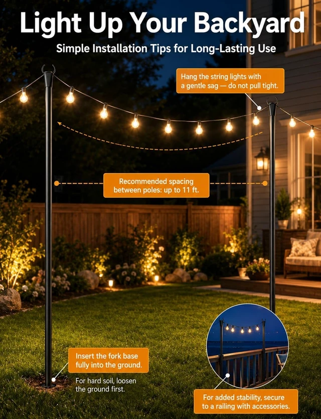 Alt view image 4 of 7 - 4 Pack String Light Poles for Outside, Adjustable Metal Patio Light Poles
