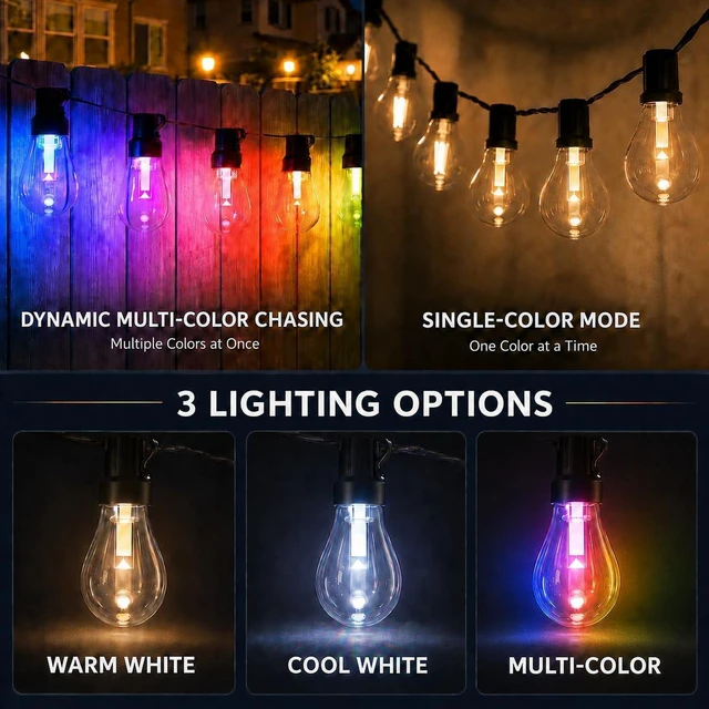 Alt view image 6 of 7 - 100FT RGB+IC Outdoor String Lights,Chasing DreamColor LED Patio Lights