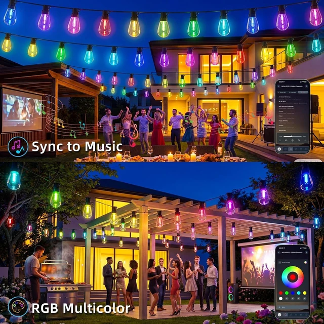 Alt view image 4 of 7 - 100FT RGB+IC Outdoor String Lights,Chasing DreamColor LED Patio Lights