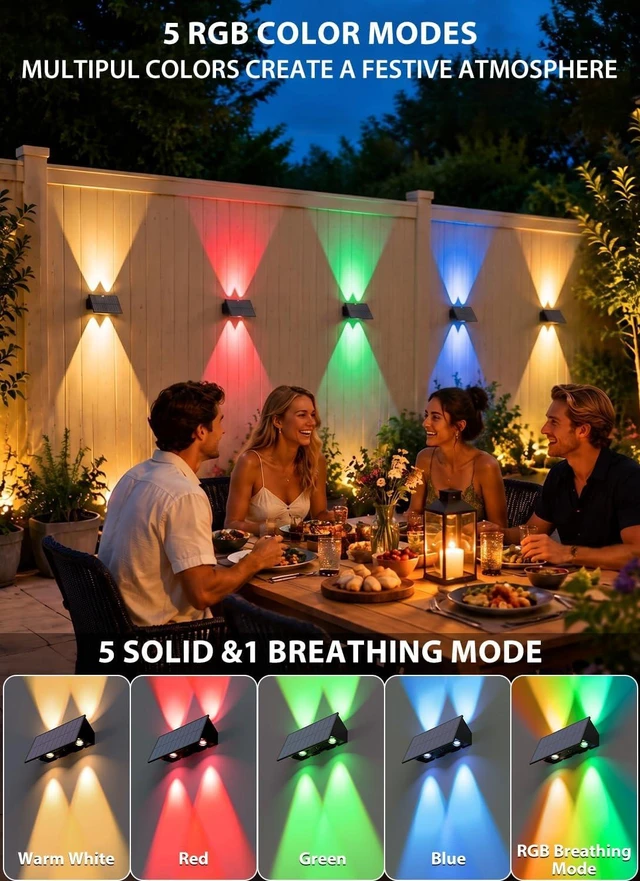 Alt view image 2 of 7 - Solar Fence Lights Outdoor,5 Color Modes Up & Down Solar Wall Lights,6Pack