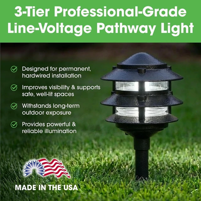 Alt view image 2 of 7 - Greenfield Weatherproof Line-Voltage (120V) 3-Tier LED Outdoor Pathway Light Permanent Outside Light for Walkway, Driveway & Landscaping Professional Grade & Made in USA Black