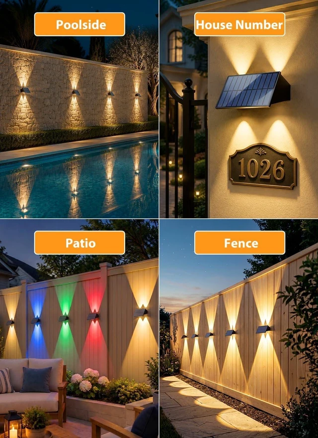 Alt view image 7 of 7 - Solar Fence Lights Outdoor,5 Color Modes Up & Down Solar Wall Lights,6Pack