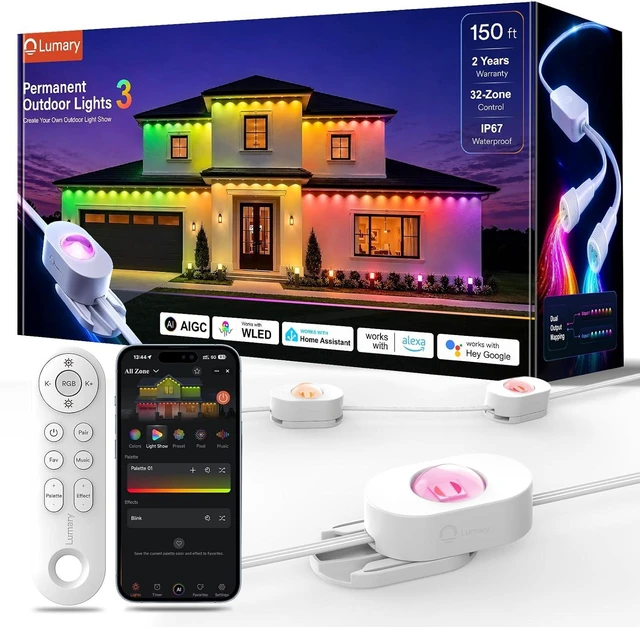 Main image of Lumary Permanent Outdoor Lights 3, WLED Integrated, RGBAICW 90 LEDs, 150ft