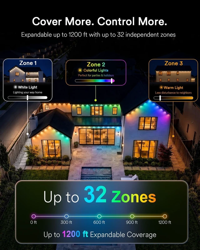 Alt view image 3 of 7 - Lumary Permanent Outdoor Lights 3, WLED Integrated, RGBAICW 90 LEDs, 150ft