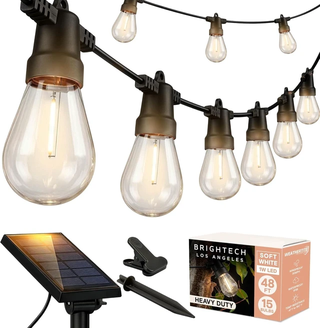 Main image of Brightech Ambience Pro Solar Powered Outdoor String Lights, 48 ft Commercial Grade Waterproof Patio Lights, 15 Edison Bulbs, Shatterproof LED String Lights for Outside, Porch - 1W Soft White