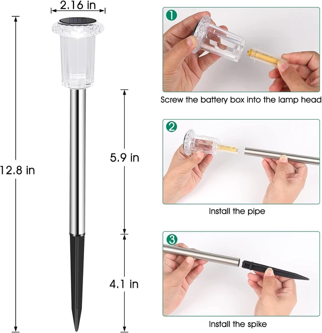 Alt view image 4 of 6 - Eyrosa Solar Outdoor Lights, 10 Pack Waterproof Stainless Steel Solar Stake Lights for Pathway Garden Yard Path Walkway Driveway Lawn Patio Outside Decor, Cool White
