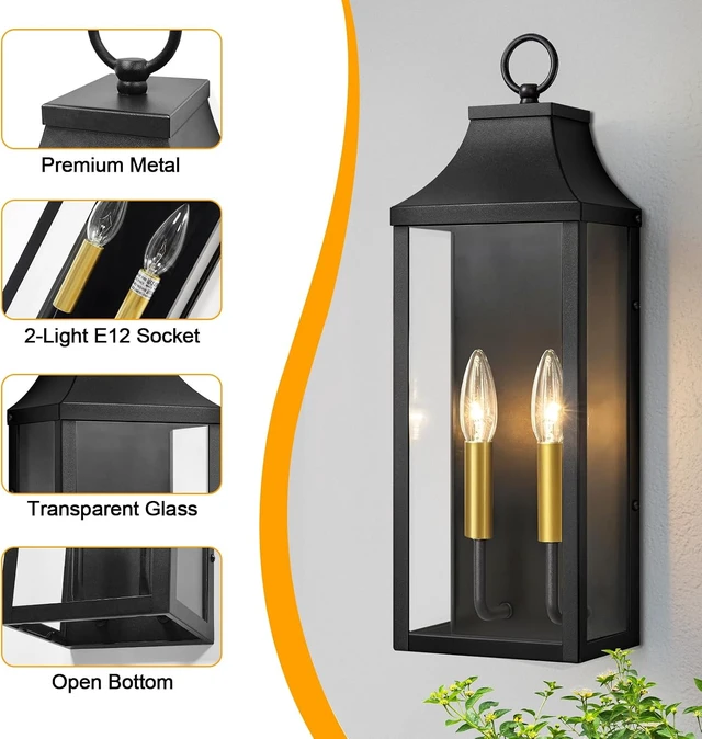 Alt view image 5 of 7 - 18" Outdoor Wall Light Fixtures 2-Pack, Black Outside Sconce Lights
