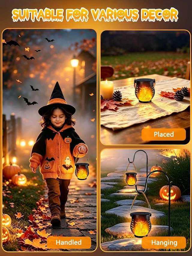 Alt view image 7 of 7 - 4 Pack Solar Lanterns Outdoor Waterproof Flickering Flame Halloween Lights