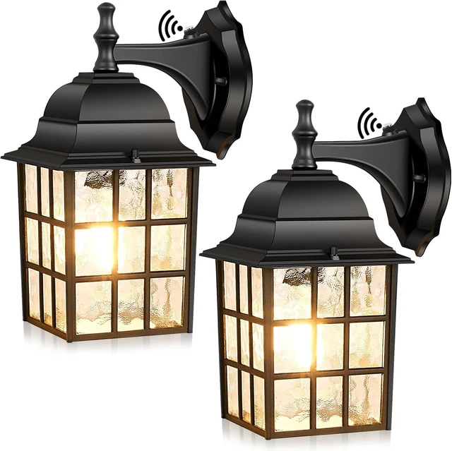 Main image of Brightever 2-Pack Dusk to Dawn Outdoor Wall Lantern, Exterior Light Fixtures with Photocell Sensor, Black Wall Light Waterproof, Waterfall Glass Outside Wall Sconce for Porch House Garage