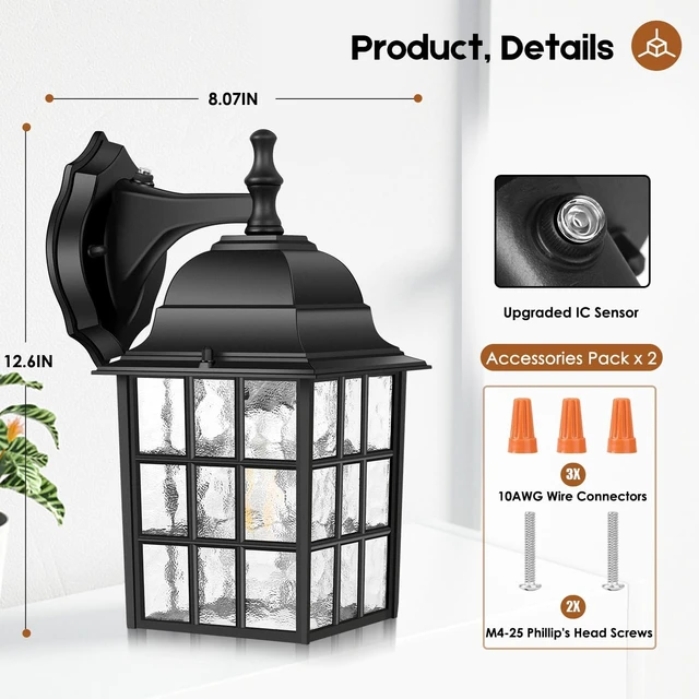 Alt view image 3 of 7 - Brightever 2-Pack Dusk to Dawn Outdoor Wall Lantern, Exterior Light Fixtures with Photocell Sensor, Black Wall Light Waterproof, Waterfall Glass Outside Wall Sconce for Porch House Garage