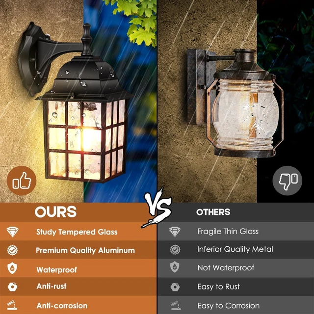 Alt view image 4 of 7 - Brightever 2-Pack Dusk to Dawn Outdoor Wall Lantern, Exterior Light Fixtures with Photocell Sensor, Black Wall Light Waterproof, Waterfall Glass Outside Wall Sconce for Porch House Garage