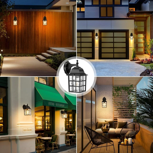 Alt view image 7 of 7 - Brightever 2-Pack Dusk to Dawn Outdoor Wall Lantern, Exterior Light Fixtures with Photocell Sensor, Black Wall Light Waterproof, Waterfall Glass Outside Wall Sconce for Porch House Garage