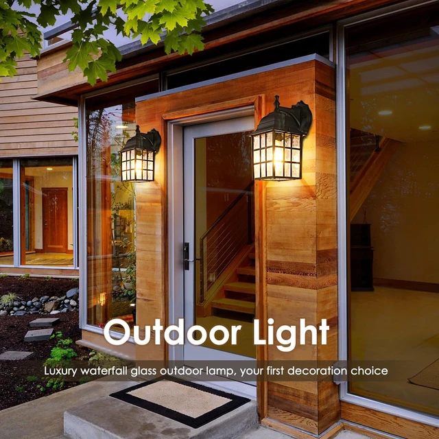Alt view image 6 of 7 - Brightever 2-Pack Dusk to Dawn Outdoor Wall Lantern, Exterior Light Fixtures with Photocell Sensor, Black Wall Light Waterproof, Waterfall Glass Outside Wall Sconce for Porch House Garage
