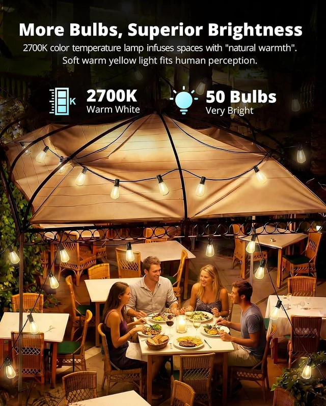 Alt view image 3 of 7 - VIPAR Outdoor String Lights,100FT LED Patio Lights Waterproof 52 ST38 Bulbs