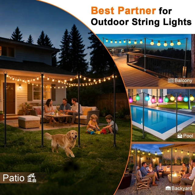 Alt view image 3 of 7 - 6 Pack String Light Poles for Outside, Upgraded Heavy-Duty Metal Poles for Outdoor String Lights with Fork, Adjustable Lighting Hanging Accessories for Patio Decor Pergola Backyard Garden Decorations