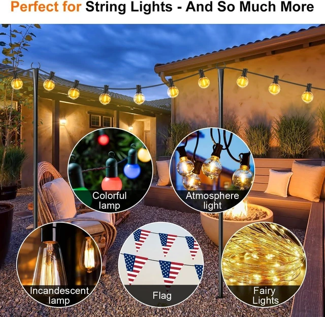 Alt view image 4 of 7 - 6 Pack String Light Poles for Outside, Upgraded Heavy-Duty Metal Poles for Outdoor String Lights with Fork, Adjustable Lighting Hanging Accessories for Patio Decor Pergola Backyard Garden Decorations