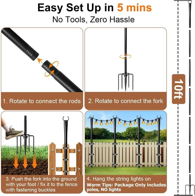Alt view image 6 of 7 - 6 Pack String Light Poles for Outside, Upgraded Heavy-Duty Metal Poles for Outdoor String Lights with Fork, Adjustable Lighting Hanging Accessories for Patio Decor Pergola Backyard Garden Decorations