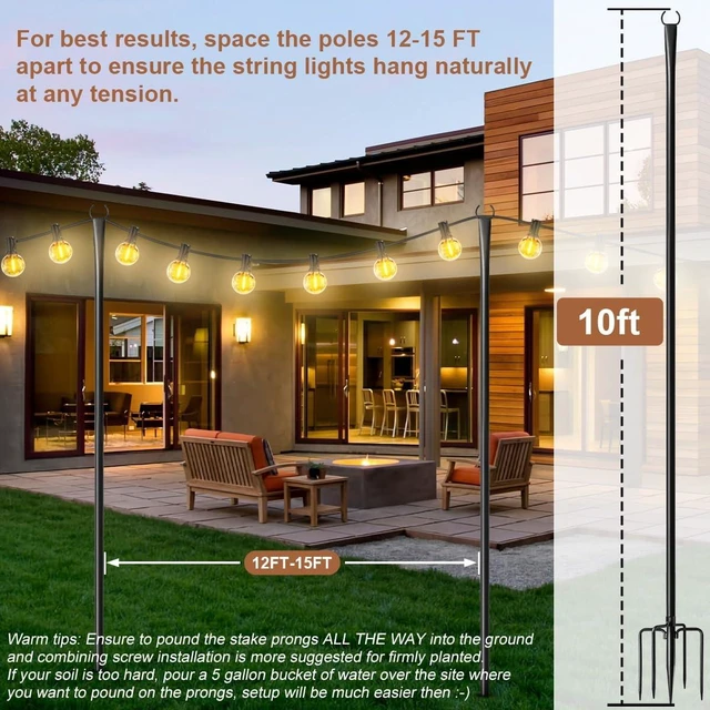 Alt view image 7 of 7 - 6 Pack String Light Poles for Outside, Upgraded Heavy-Duty Metal Poles for Outdoor String Lights with Fork, Adjustable Lighting Hanging Accessories for Patio Decor Pergola Backyard Garden Decorations