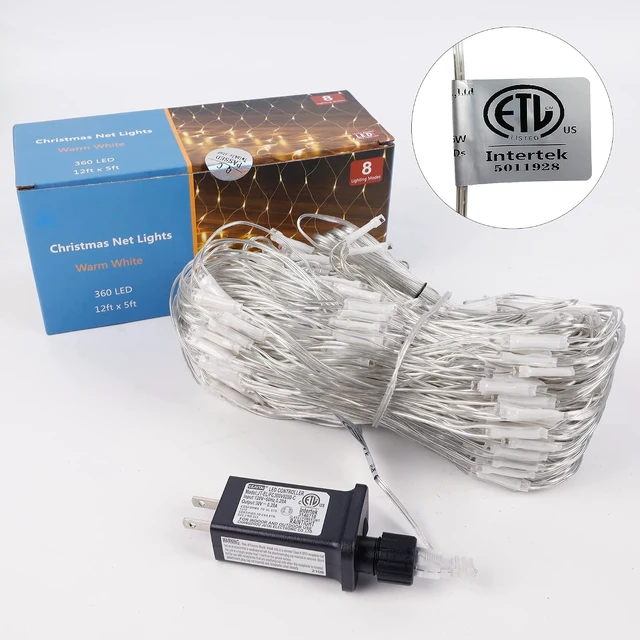 Alt view image 6 of 7 - WATERGLIDE Outdoor Christmas Net Lights, 12FT x 5FT 360 LED Fairy String Light with 8 Lighting Modes, Connectable Light for Garden Tree Bushes, Holiday Wedding Party Decorations, Warm White