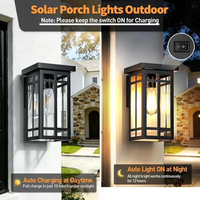 Alt view image 2 of 7 - Solar Porch Lights Outdoor 2 Packs, 11'' Dusk to Dawn Outdoor Lighting