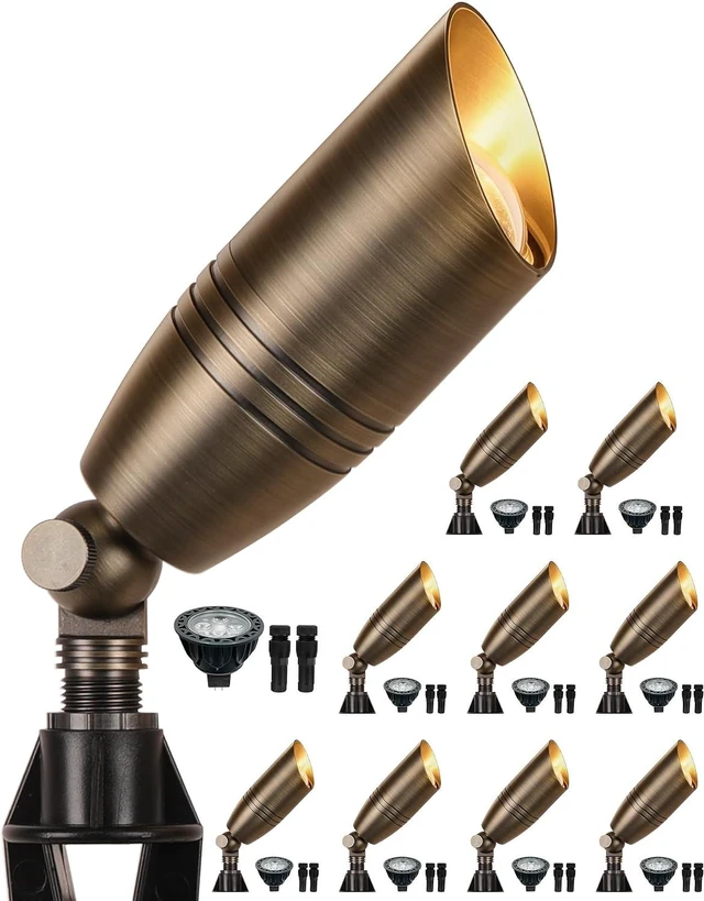 Main image of Solid Brass Outdoor Landscape Spotlights, Heavy Duty Low Voltage Landscape Lighting with 5W 2700K Aluminum MR16 Bulbs, Wired 12V Waterproof Large Bronze Uplights for Garden, Yard, Trees, 10 Pack