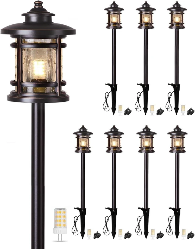 Main image of 8 Pack Low Voltage Pathway Lights with G4 Bulbs, Seed Glass Shade, Aluminum