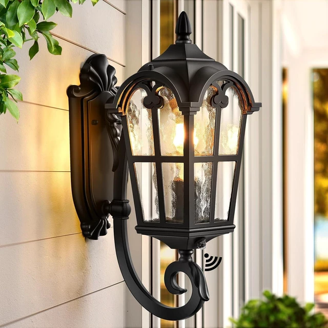 Main image of VIANIS Black Dusk to Dawn Outdoor Lighting, Vintage Outdoor Sconce Lights with Water Ripple Glass, 100% Aluminium Anti-Rust Waterproof Patio Wall Light Fixture, Outside Porch Lantern for House Garage