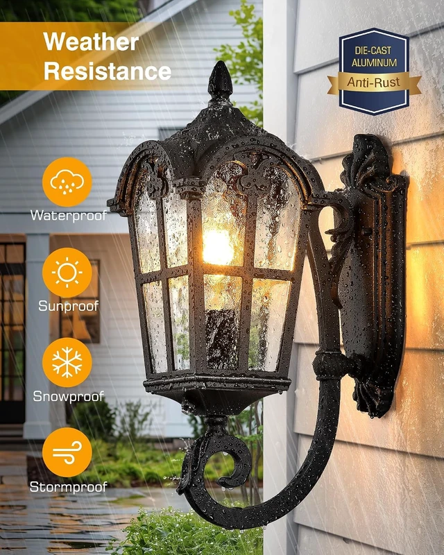 Alt view image 3 of 7 - VIANIS Black Dusk to Dawn Outdoor Lighting, Vintage Outdoor Sconce Lights with Water Ripple Glass, 100% Aluminium Anti-Rust Waterproof Patio Wall Light Fixture, Outside Porch Lantern for House Garage
