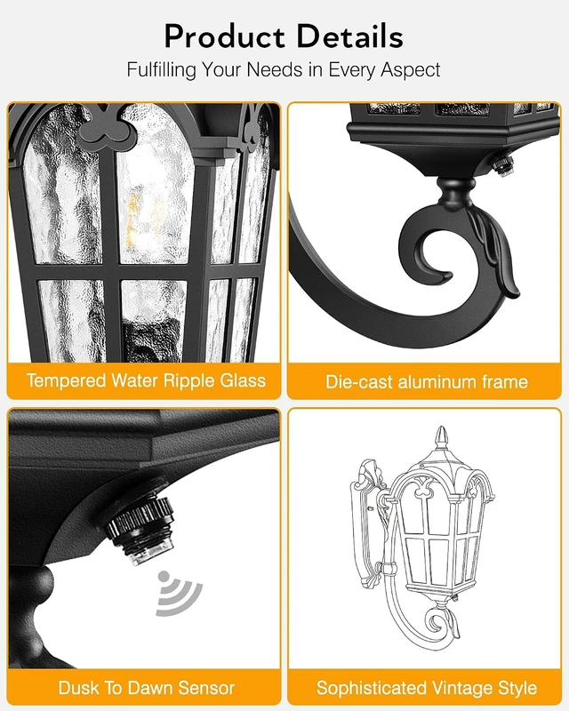 Alt view image 5 of 7 - VIANIS Black Dusk to Dawn Outdoor Lighting, Vintage Outdoor Sconce Lights with Water Ripple Glass, 100% Aluminium Anti-Rust Waterproof Patio Wall Light Fixture, Outside Porch Lantern for House Garage