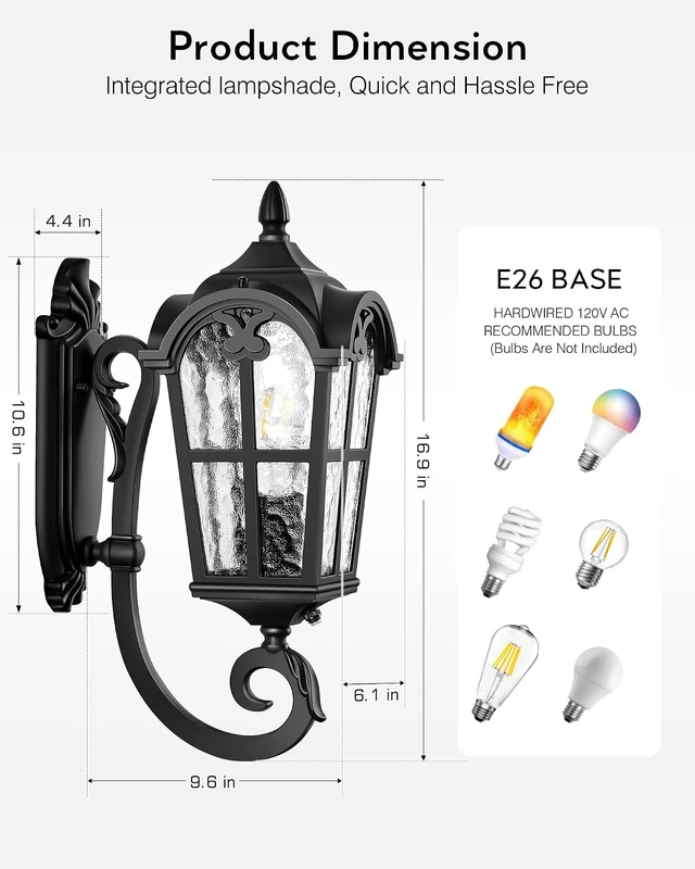 Alt view image 6 of 7 - VIANIS Black Dusk to Dawn Outdoor Lighting, Vintage Outdoor Sconce Lights with Water Ripple Glass, 100% Aluminium Anti-Rust Waterproof Patio Wall Light Fixture, Outside Porch Lantern for House Garage