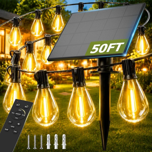 Main image of 50FT Solar String Lights Outdoor, Dimmable Patio Lights Solar Powered with Remote & USB Port 18+1 LED Shatterproof Bulbs 3 Light Modes, Waterproof Solar Light for Camping Backyard Garden