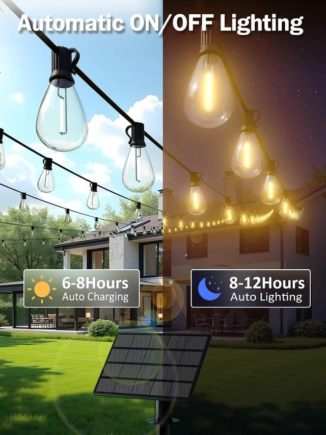 Alt view image 4 of 7 - 50FT Solar String Lights Outdoor, Dimmable Patio Lights Solar Powered with Remote & USB Port 18+1 LED Shatterproof Bulbs 3 Light Modes, Waterproof Solar Light for Camping Backyard Garden