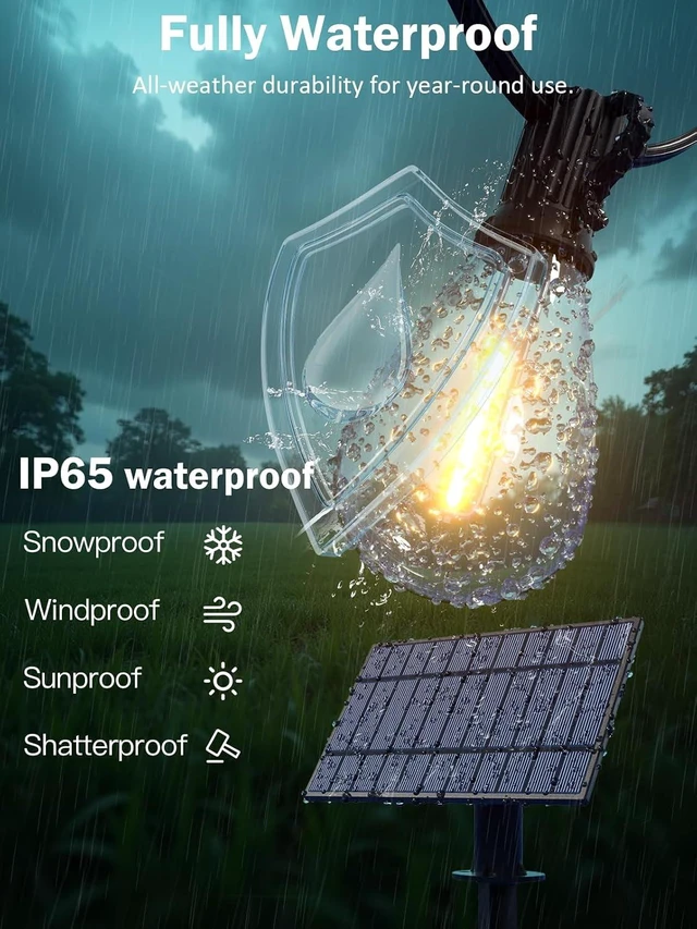 Alt view image 5 of 7 - 50FT Solar String Lights Outdoor, Dimmable Patio Lights Solar Powered with Remote & USB Port 18+1 LED Shatterproof Bulbs 3 Light Modes, Waterproof Solar Light for Camping Backyard Garden