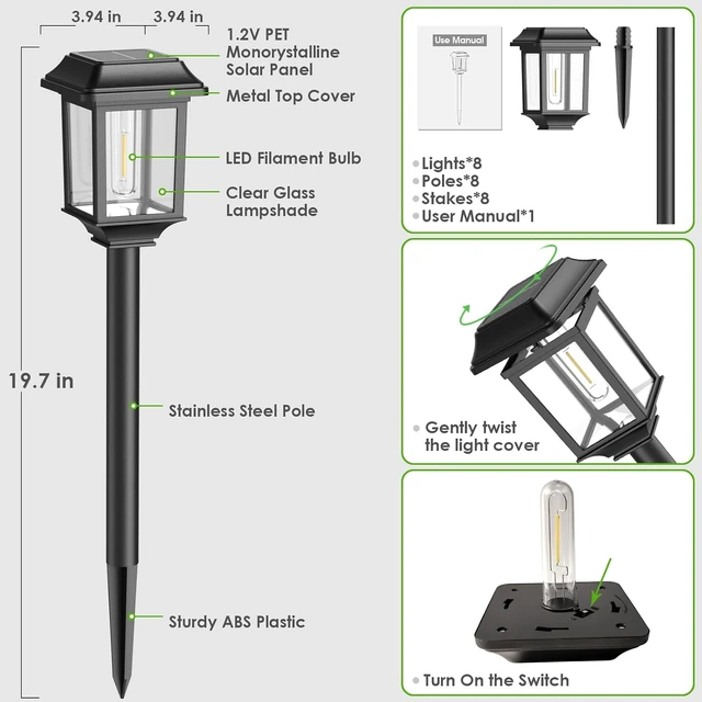 Alt view image 7 of 7 - Mancra Solar Outdoor Lights Waterproof, 8 Pack Metal Glass Solar Pathway Lights Outdoor Lighting Garden Decor for Landscape Path Yard Patio Driveway (Warm White)