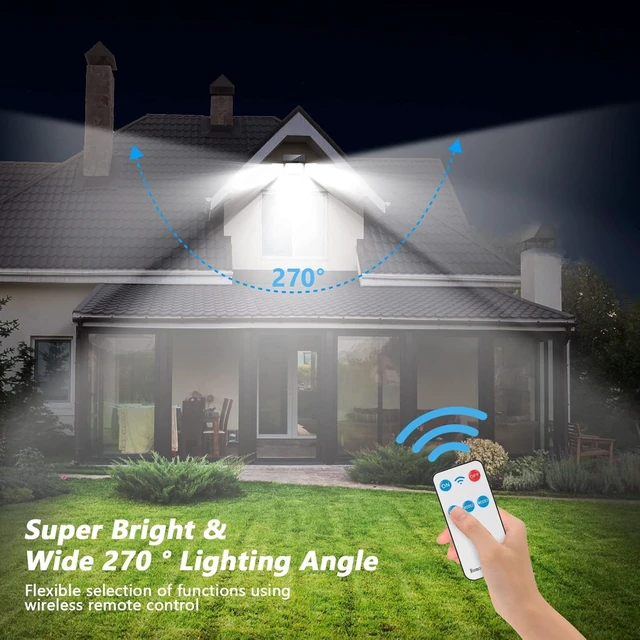 Alt view image 2 of 5 - 4 Head Solar Lights Outdoor Waterproof, 288 LED 2800LM Motion Sensor Outdoor Lights with Remote Control, Solar Flood Lights Outdoor for Patio, Garage, Yard, Wall, IP65 Security Lights 2 Pack